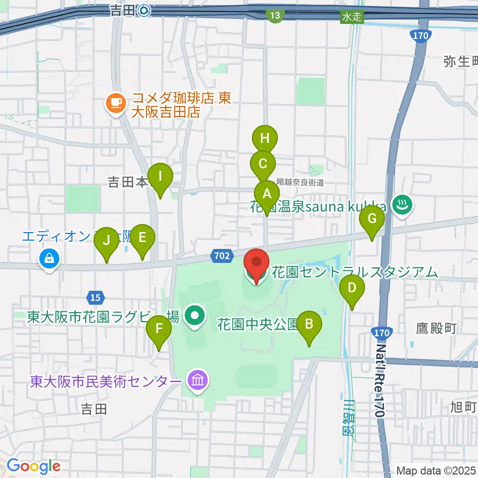 花園セントラルスタジアム周辺のファミレス・ファーストフード一覧地図