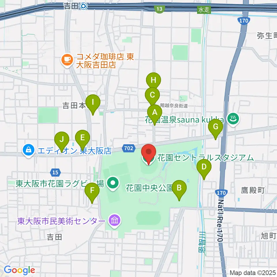 花園セントラルスタジアム周辺のファミレス・ファーストフード一覧地図