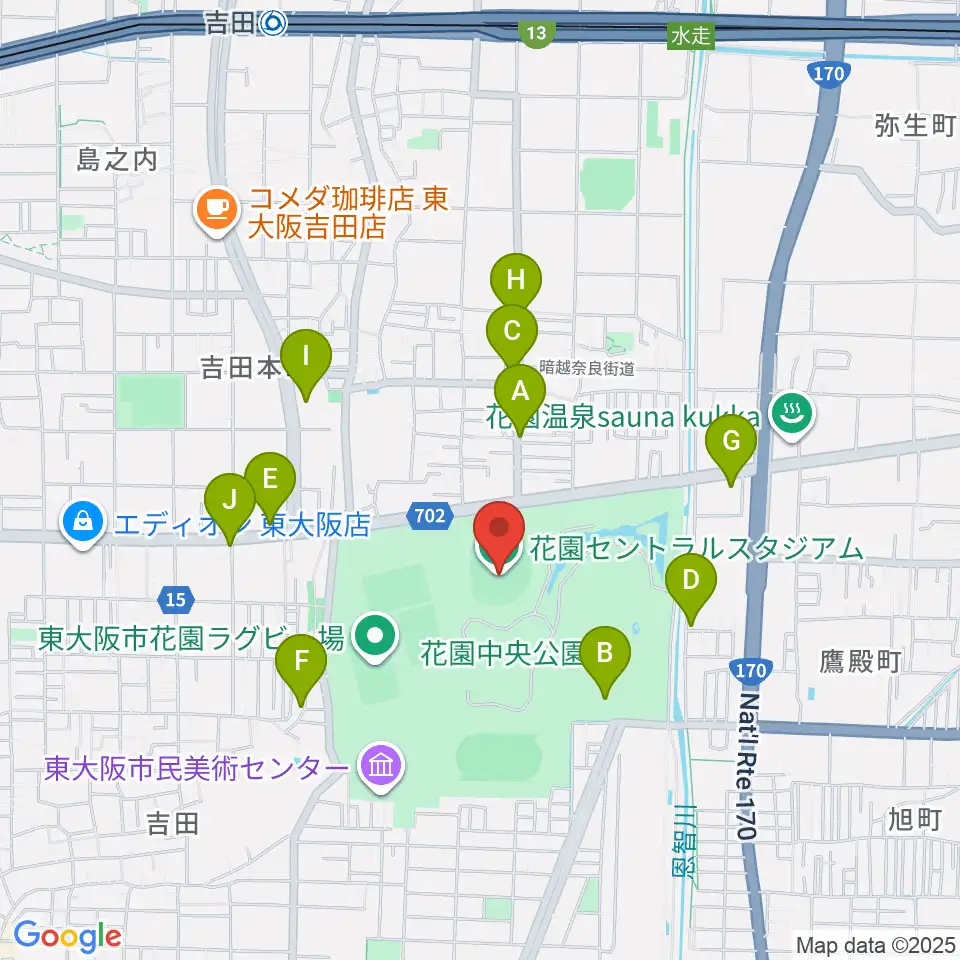 花園セントラルスタジアム周辺のファミレス・ファーストフード一覧地図