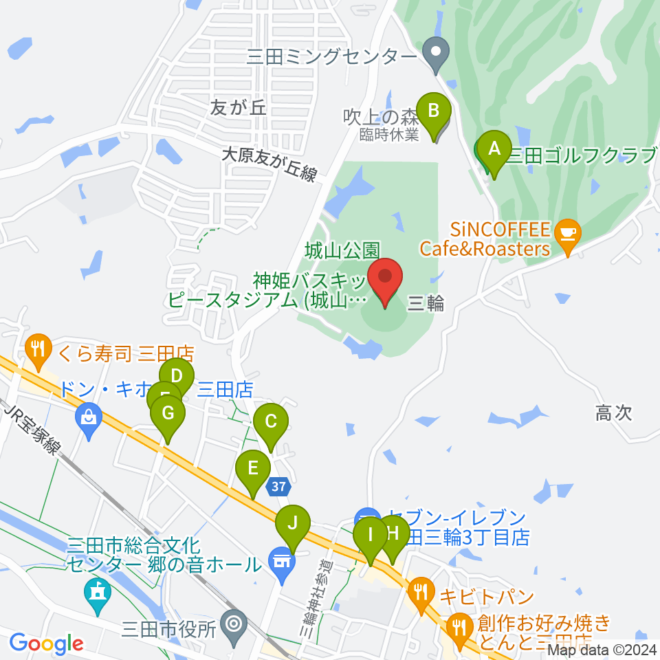 神姫バスキッピースタジアム周辺のファミレス・ファーストフード一覧地図