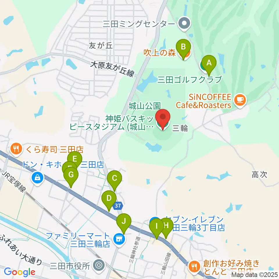 神姫バスキッピースタジアム周辺のファミレス・ファーストフード一覧地図