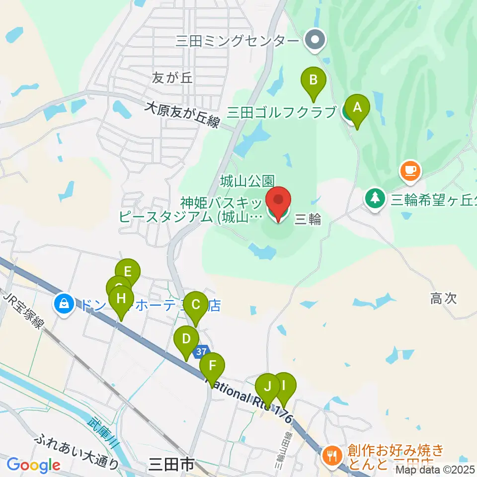 神姫バスキッピースタジアム周辺のファミレス・ファーストフード一覧地図