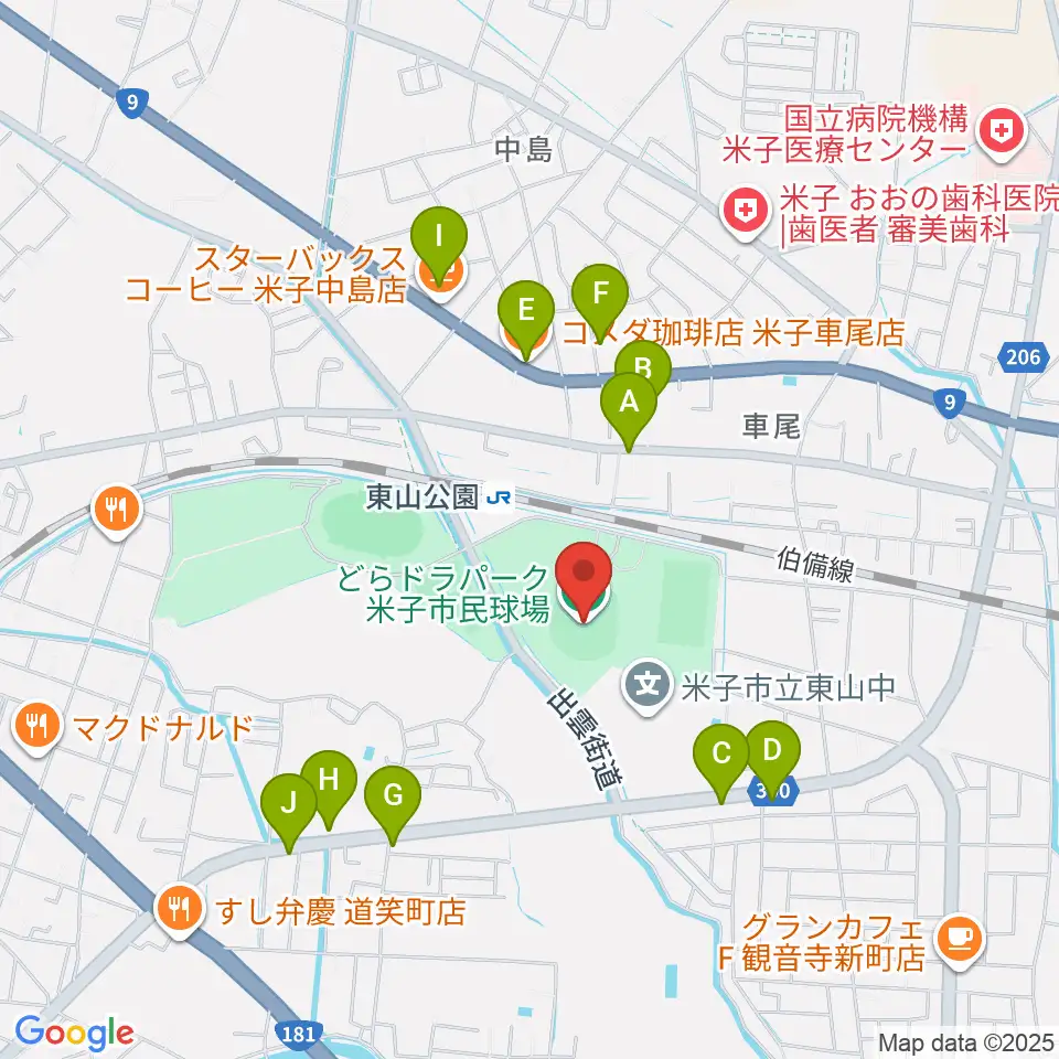 どらドラパーク米子市民球場周辺のファミレス・ファーストフード一覧地図