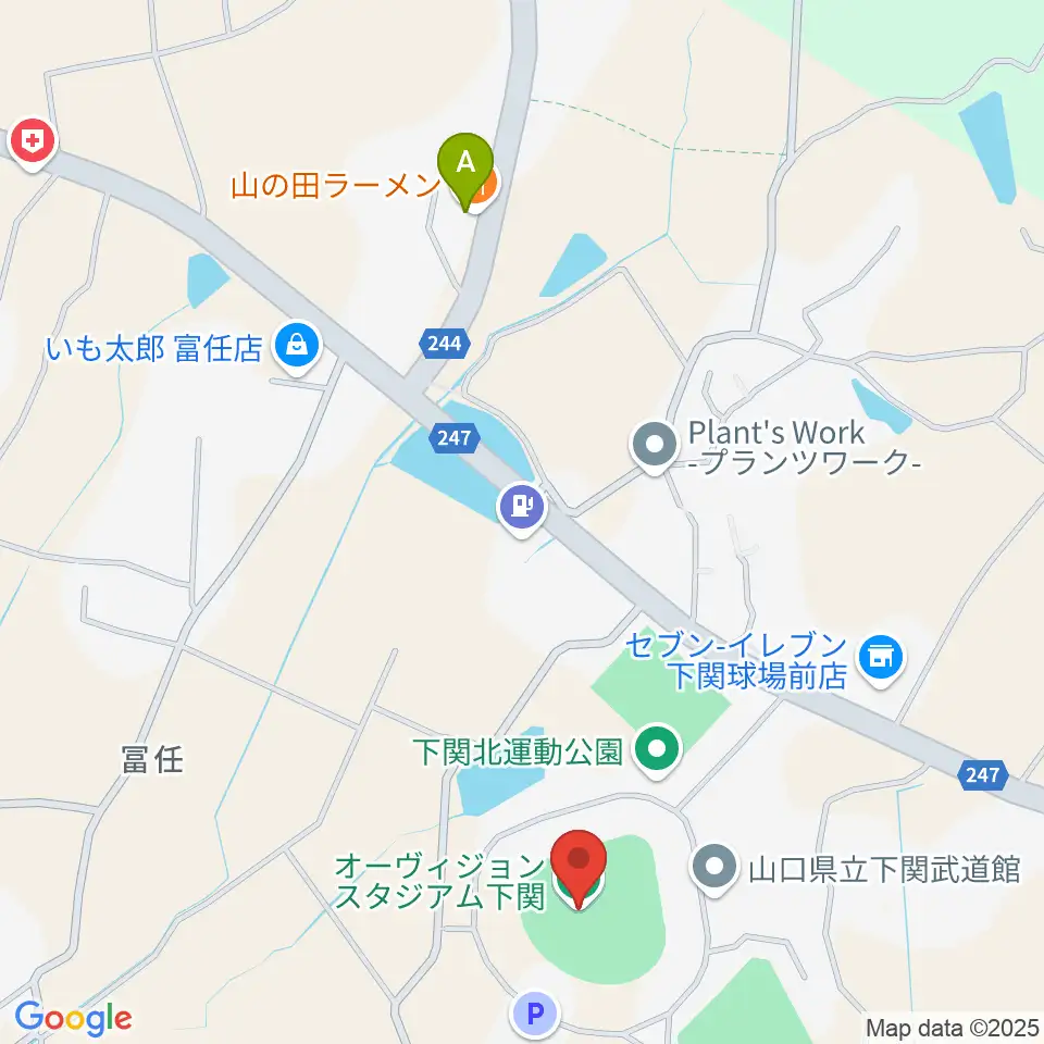 オーヴィジョンスタジアム下関周辺のファミレス・ファーストフード一覧地図
