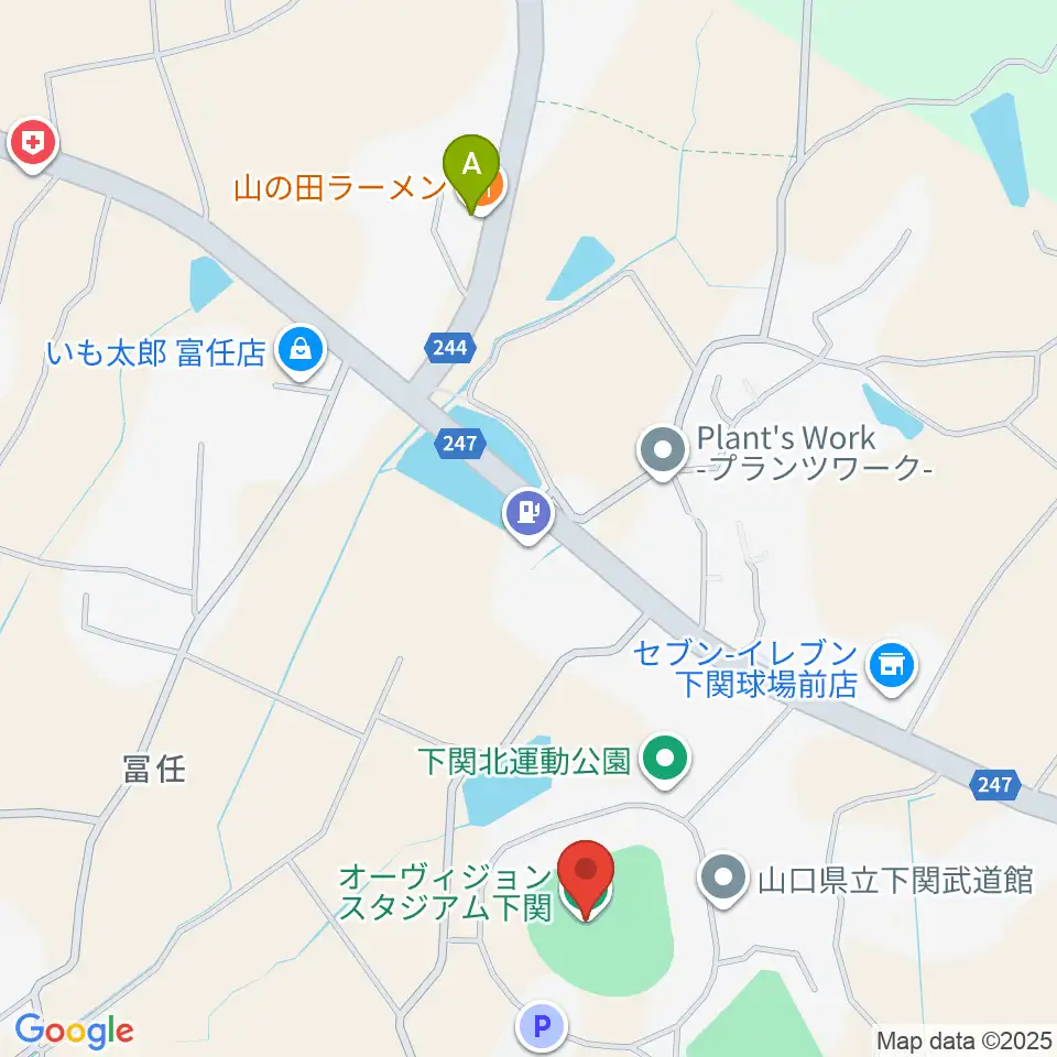 オーヴィジョンスタジアム下関周辺のファミレス・ファーストフード一覧地図