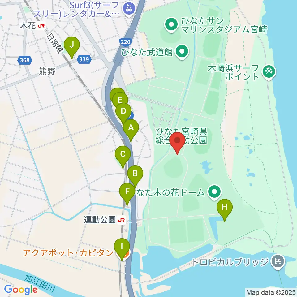 ひなたひむかスタジアム周辺のファミレス・ファーストフード一覧地図