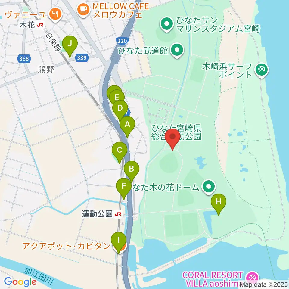 ひなたひむかスタジアム周辺のファミレス・ファーストフード一覧地図