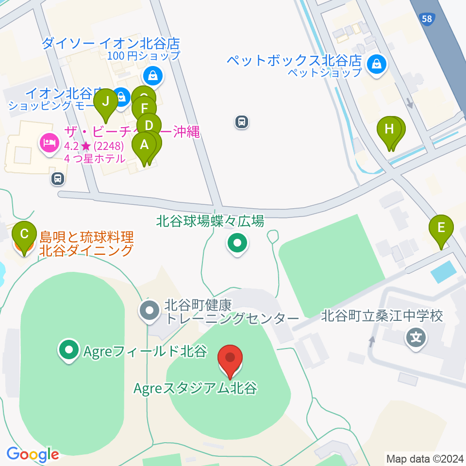 Agreスタジアム北谷周辺のファミレス・ファーストフード一覧地図