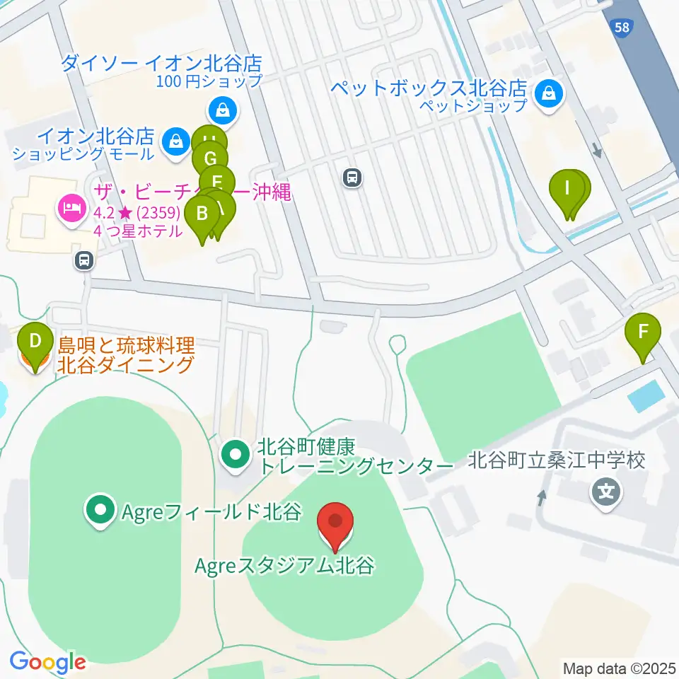 Agreスタジアム北谷周辺のファミレス・ファーストフード一覧地図