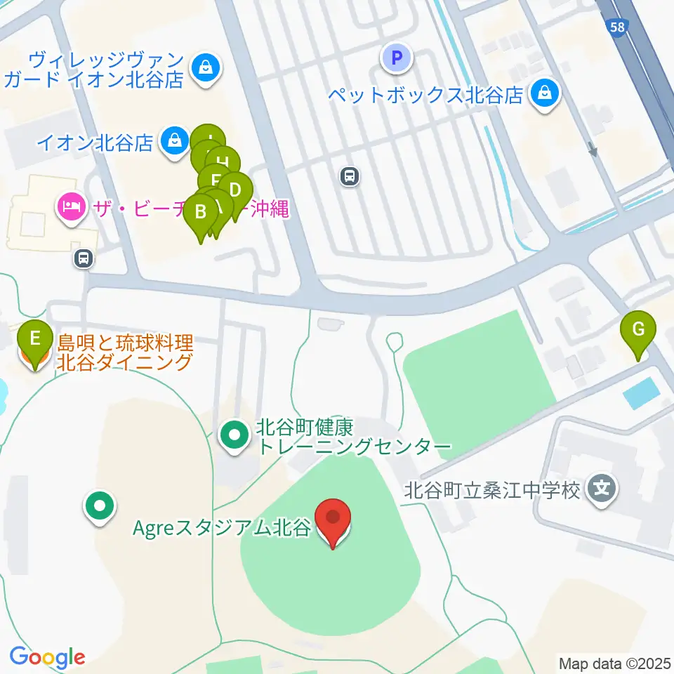 Agreスタジアム北谷周辺のファミレス・ファーストフード一覧地図