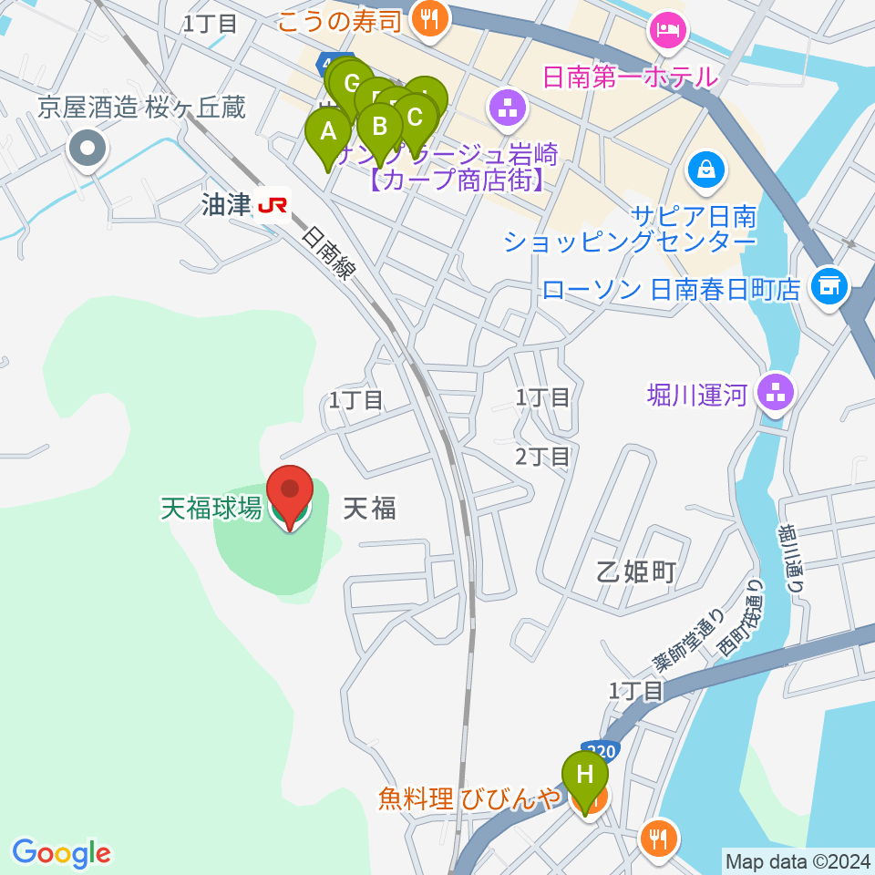 日南市天福球場周辺のファミレス・ファーストフード一覧地図