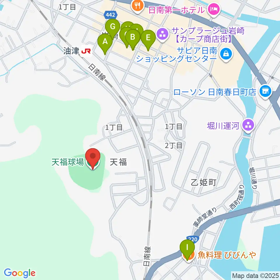 日南市天福球場周辺のファミレス・ファーストフード一覧地図