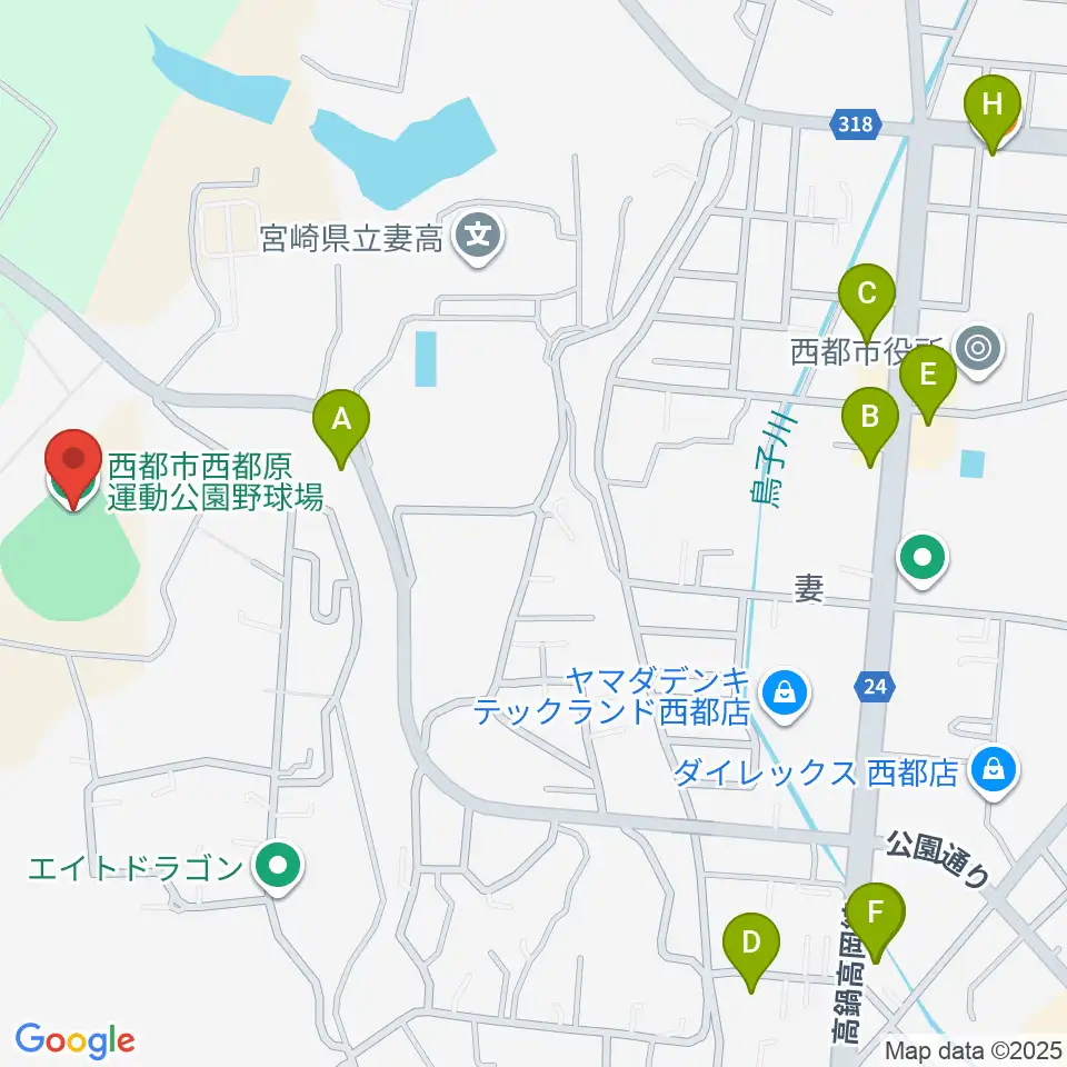 西都原運動公園野球場周辺のファミレス・ファーストフード一覧地図