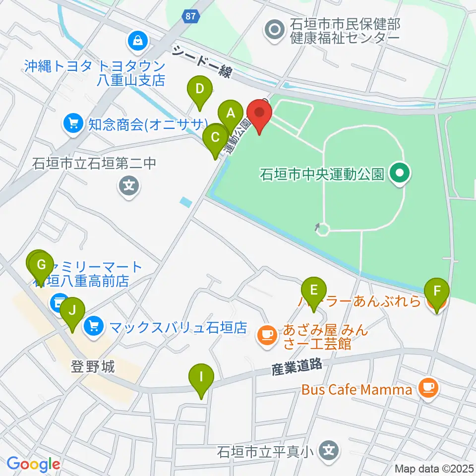 石垣市中央運動公園野球場周辺のファミレス・ファーストフード一覧地図