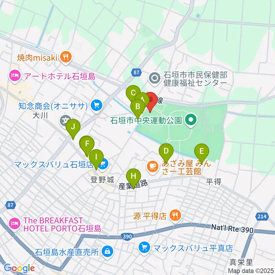 石垣市中央運動公園野球場周辺のファミレス・ファーストフード一覧地図