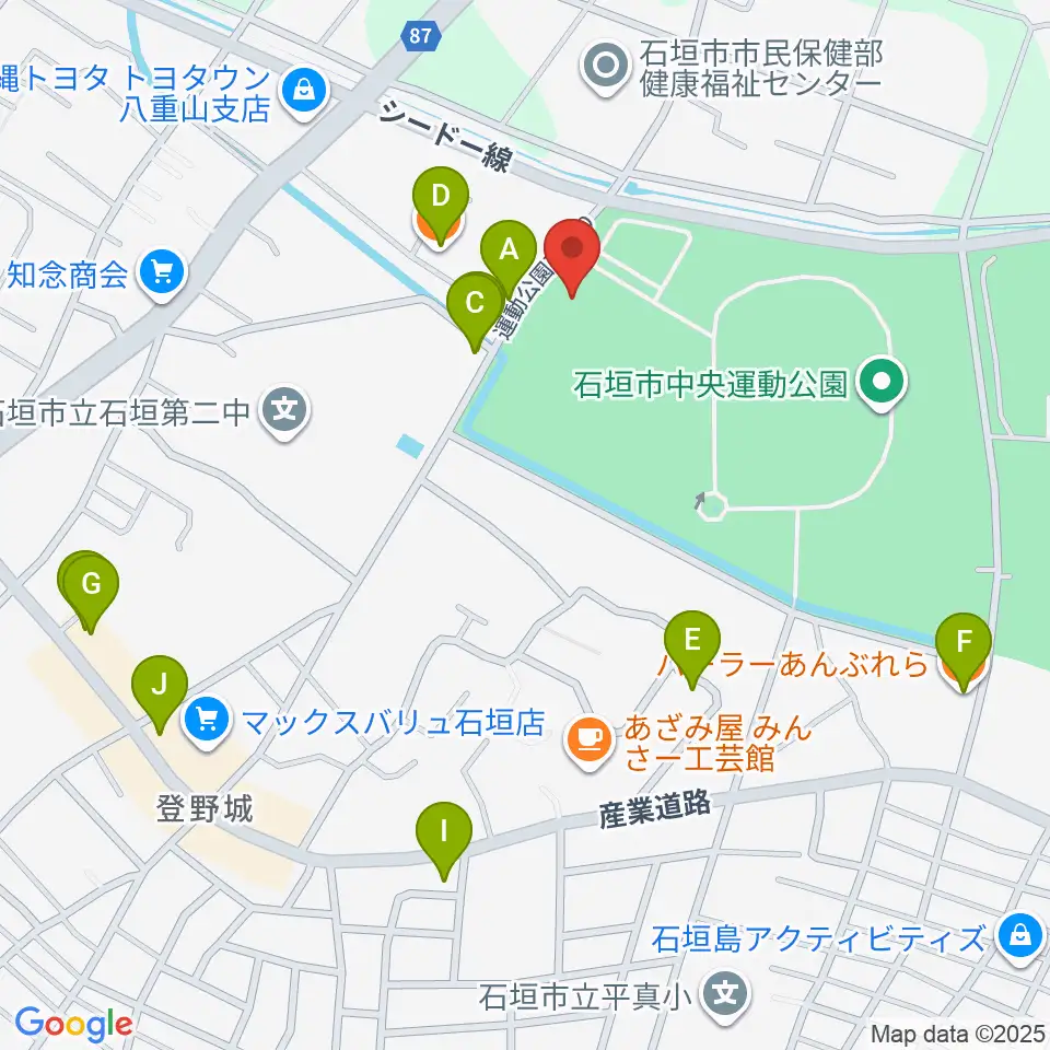 石垣市中央運動公園野球場周辺のファミレス・ファーストフード一覧地図