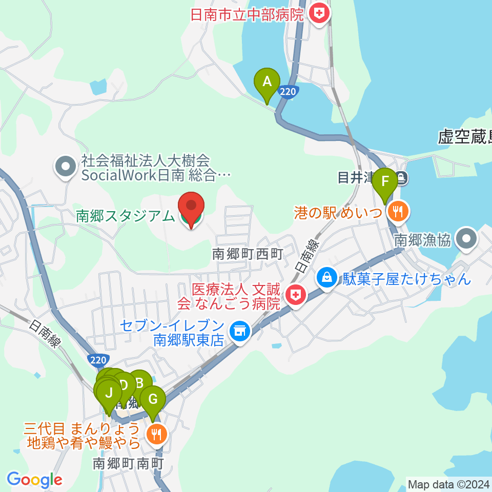 南郷町中央公園野球場周辺のファミレス・ファーストフード一覧地図