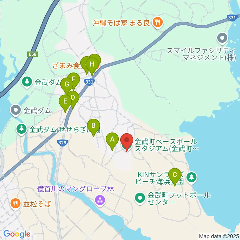 金武町ベースボールスタジアム周辺のファミレス・ファーストフード一覧地図