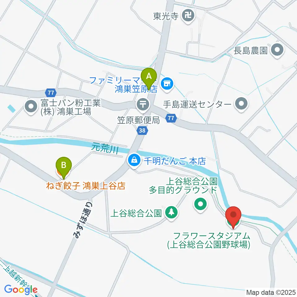 鴻巣フラワースタジアム周辺のファミレス・ファーストフード一覧地図