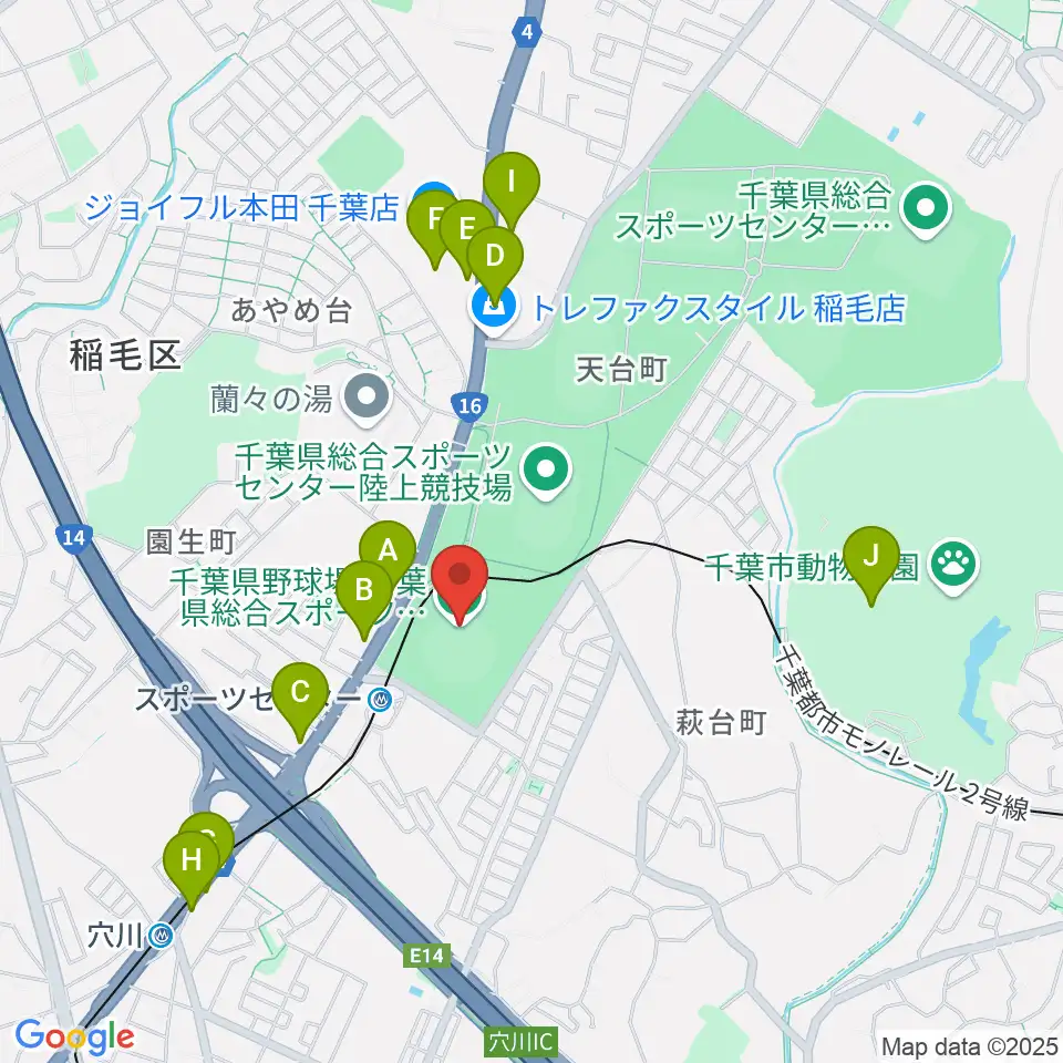 千葉県総合スポーツセンター野球場周辺のファミレス・ファーストフード一覧地図
