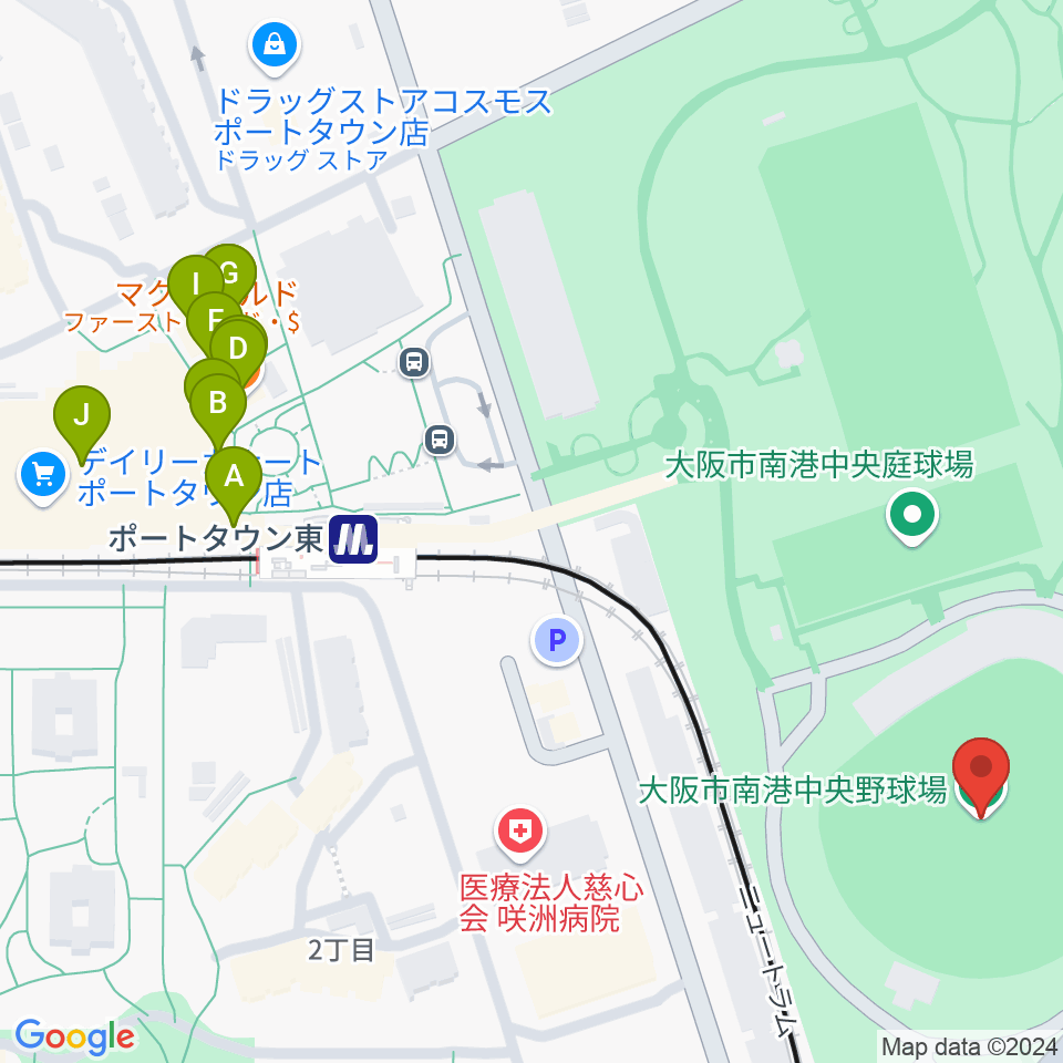 大阪市南港中央野球場周辺のファミレス・ファーストフード一覧地図