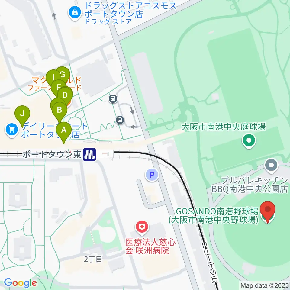 大阪市南港中央野球場周辺のファミレス・ファーストフード一覧地図