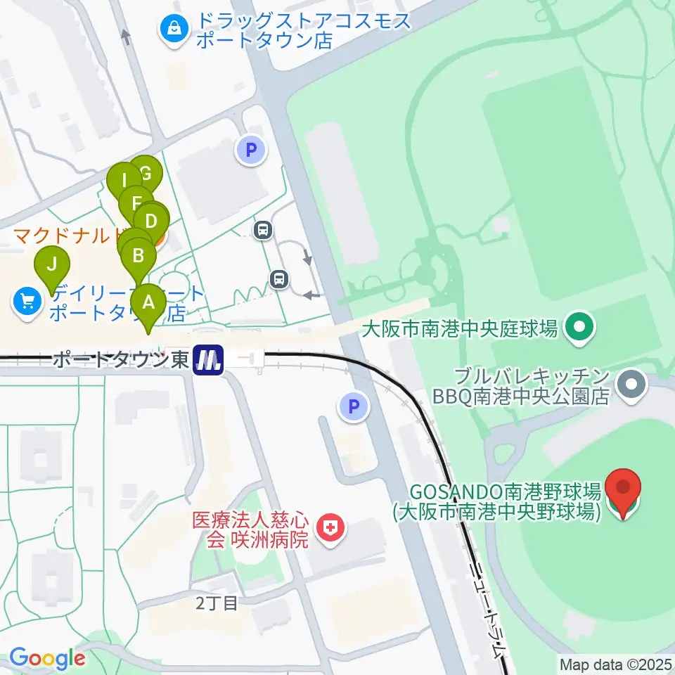 GOSANDO南港野球場周辺のファミレス・ファーストフード一覧地図