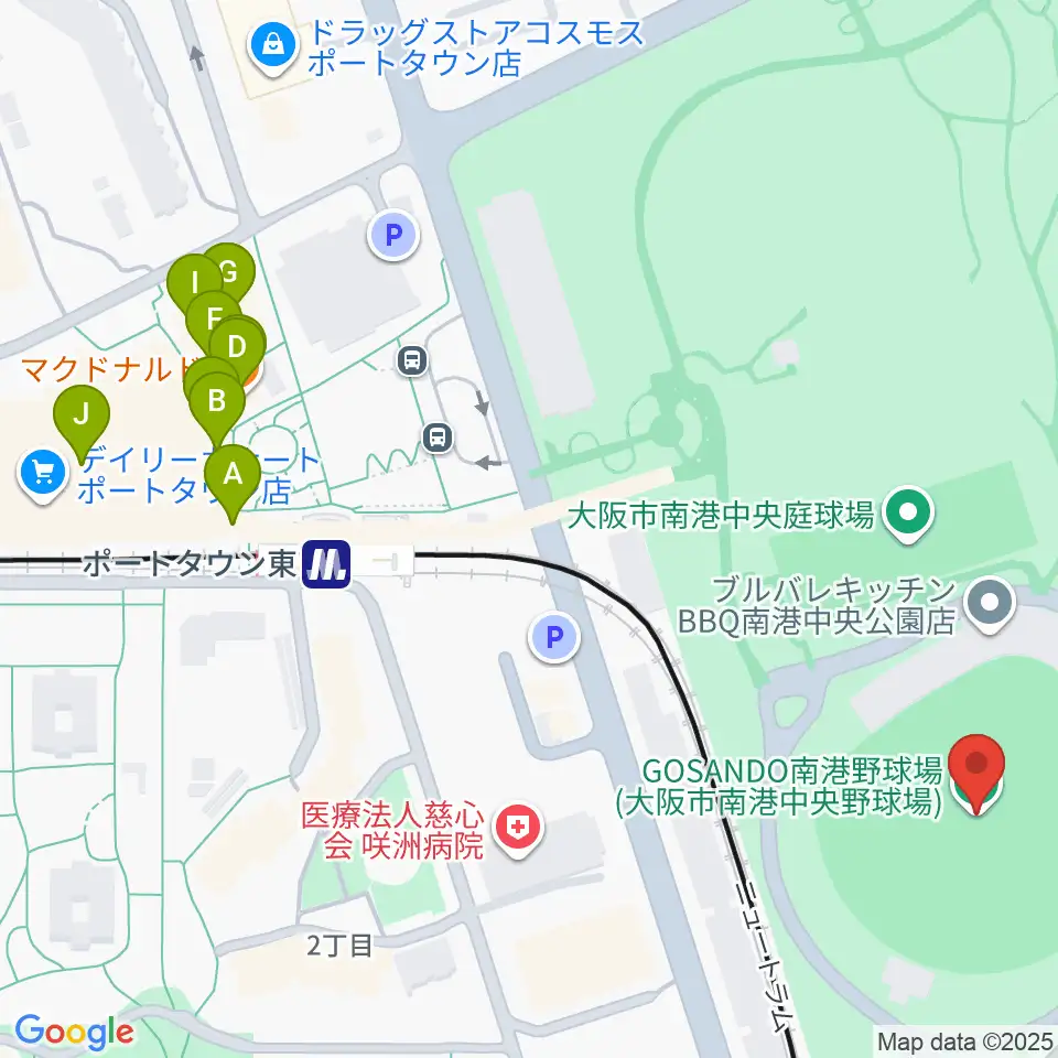 GOSANDO南港野球場周辺のファミレス・ファーストフード一覧地図