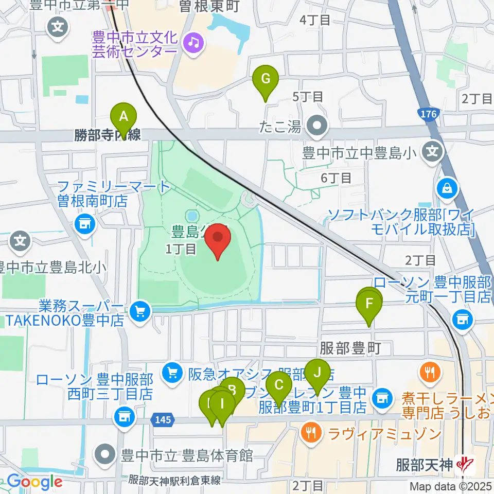 豊中ローズ球場周辺のファミレス・ファーストフード一覧地図