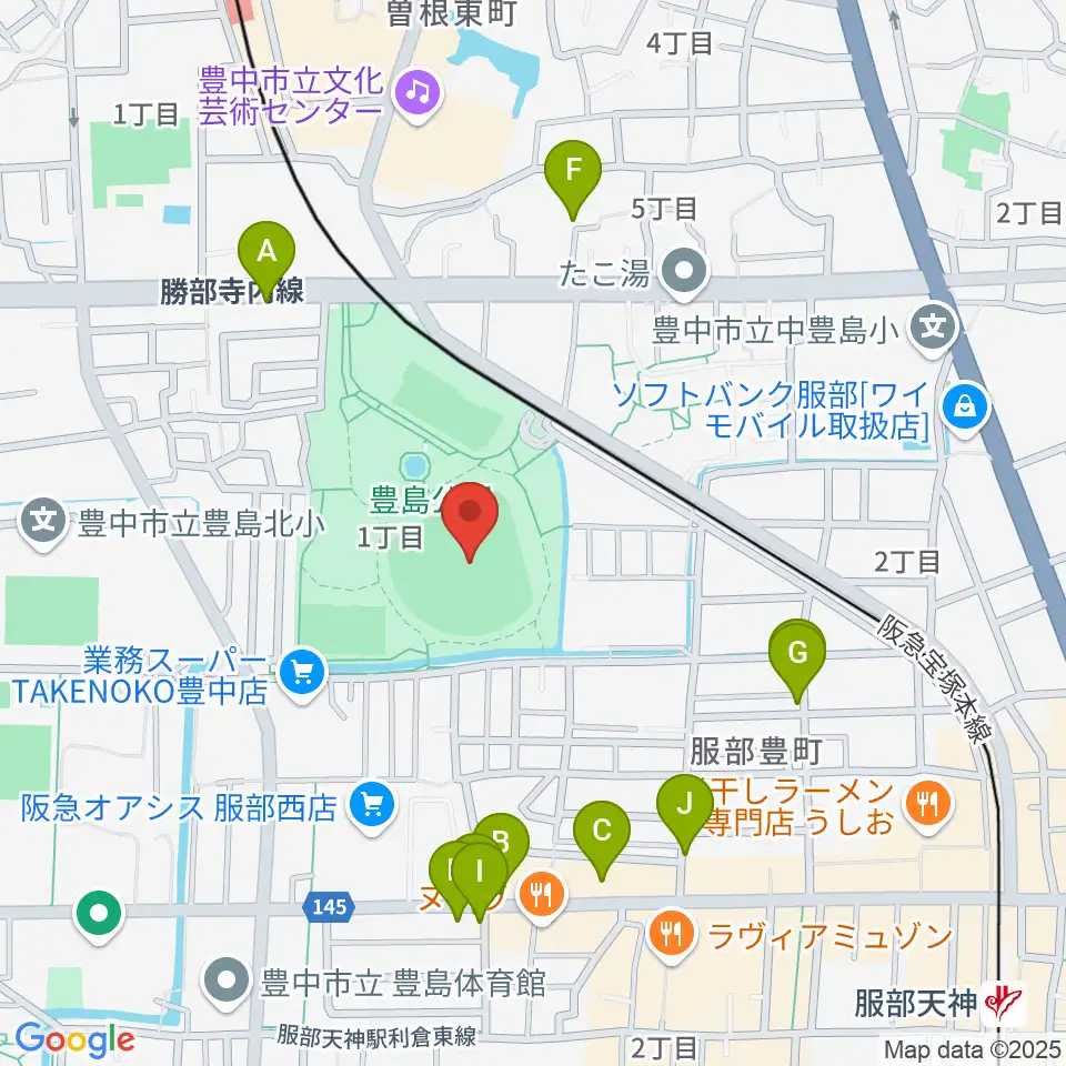 豊中ローズ球場周辺のファミレス・ファーストフード一覧地図