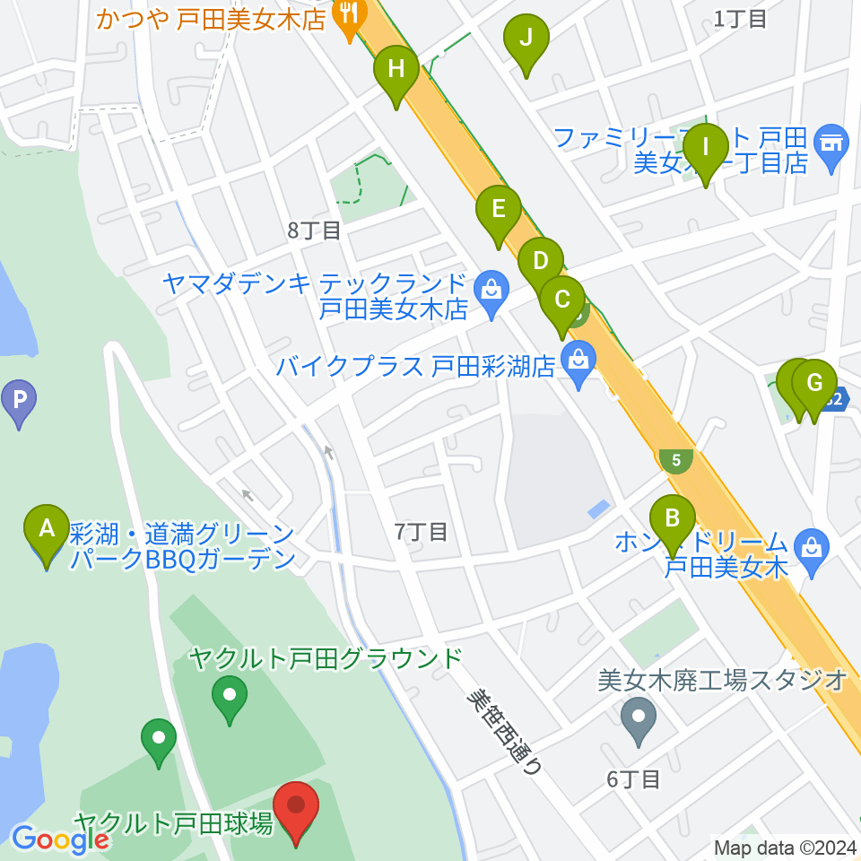 ヤクルト戸田球場周辺のファミレス・ファーストフード一覧地図