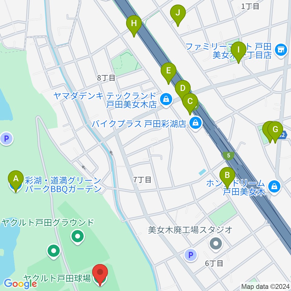 ヤクルト戸田球場周辺のファミレス・ファーストフード一覧地図