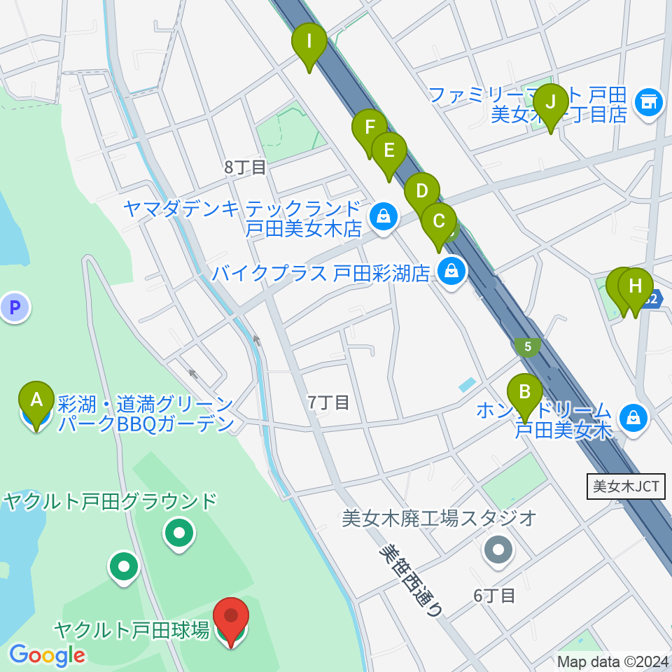 ヤクルト戸田球場周辺のファミレス・ファーストフード一覧地図