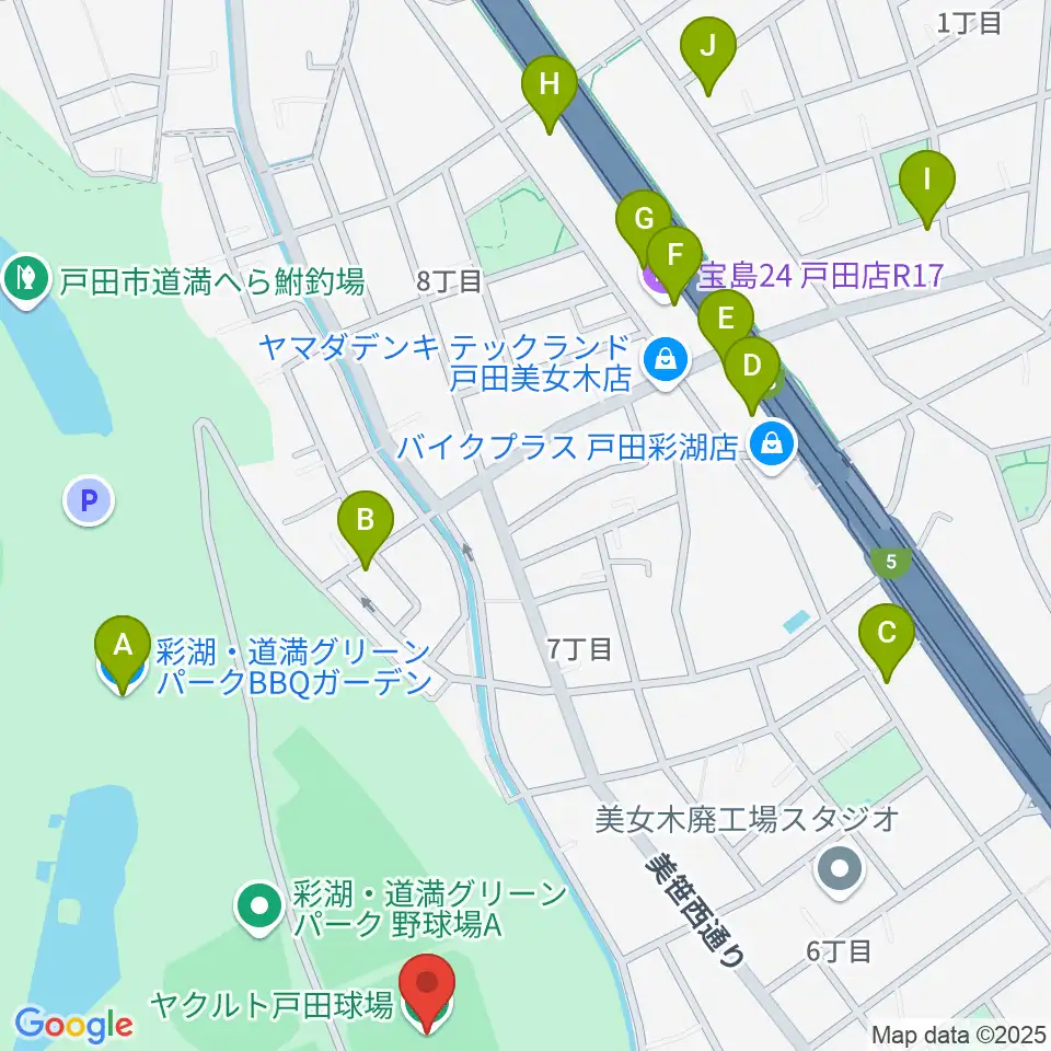 ヤクルト戸田球場周辺のファミレス・ファーストフード一覧地図