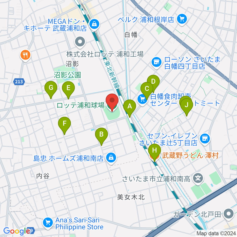 ロッテ浦和球場周辺のファミレス・ファーストフード一覧地図