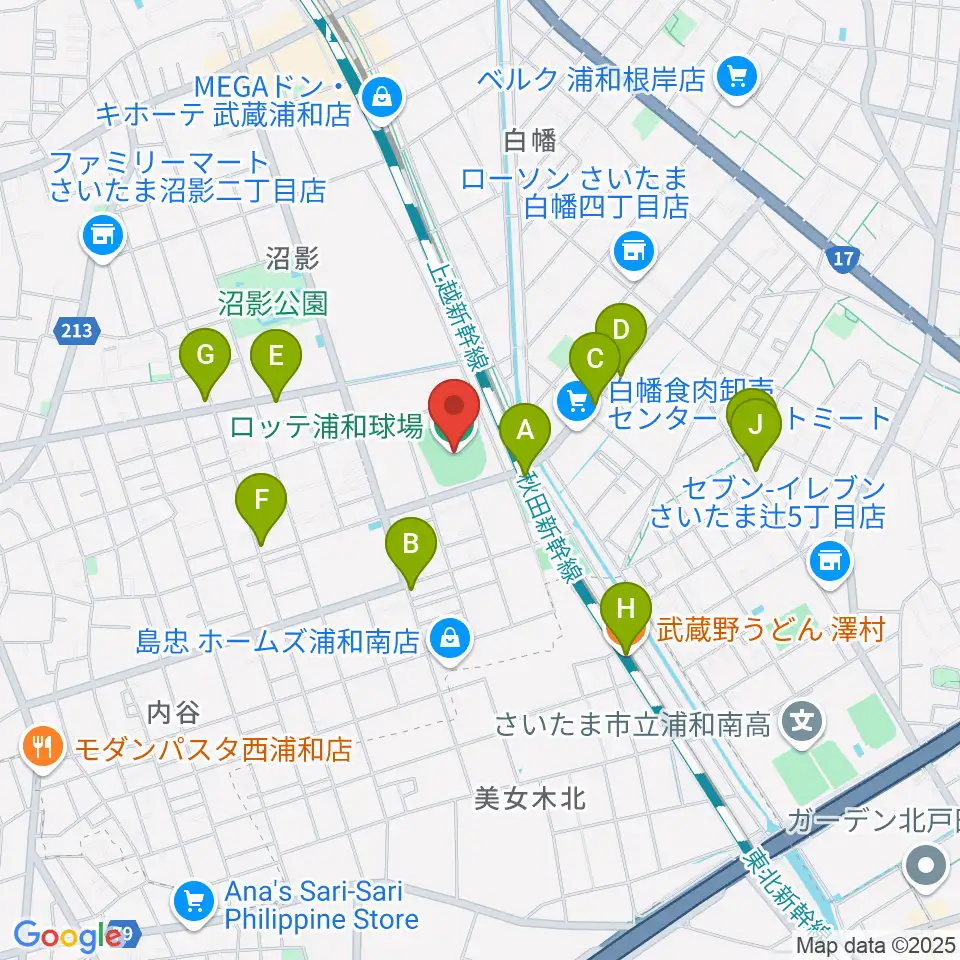 ロッテ浦和球場周辺のファミレス・ファーストフード一覧地図