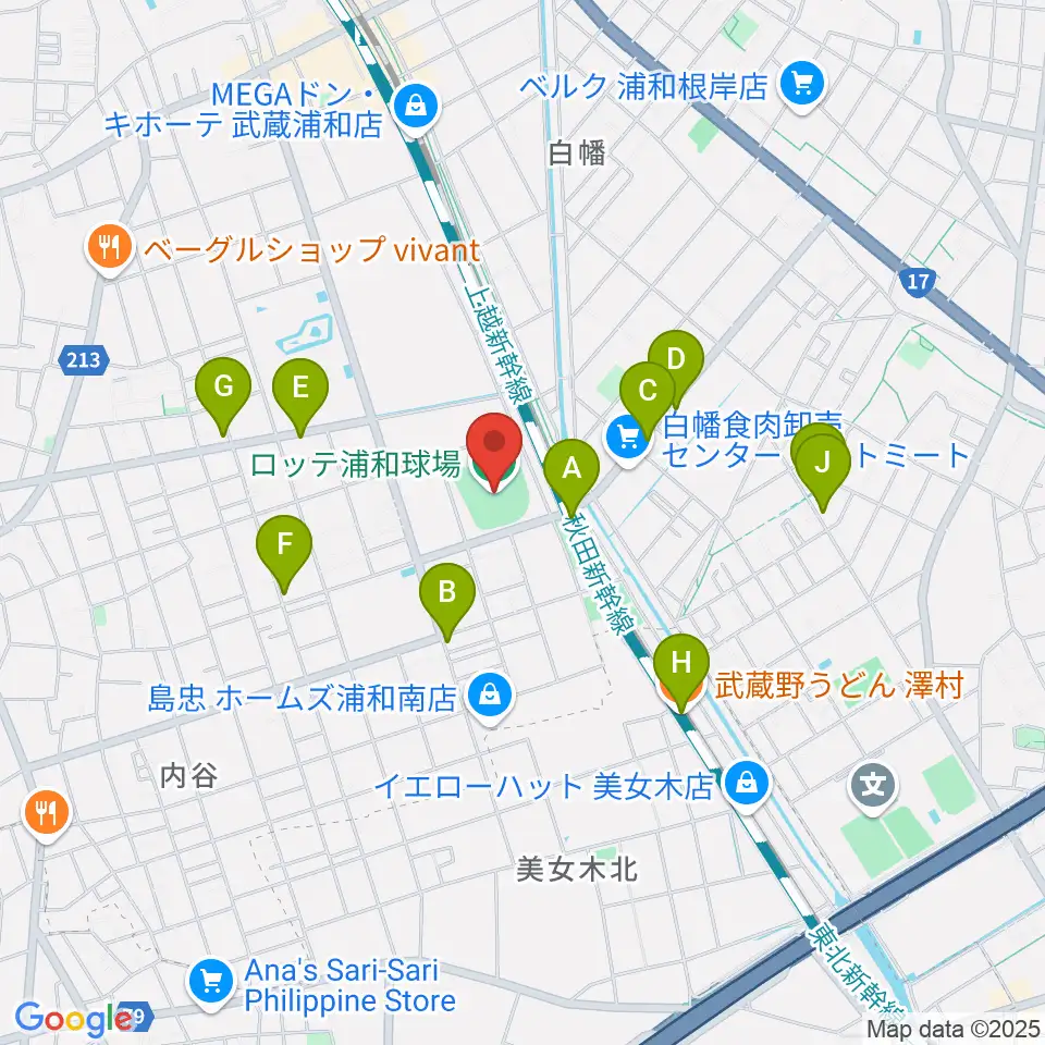 ロッテ浦和球場周辺のファミレス・ファーストフード一覧地図