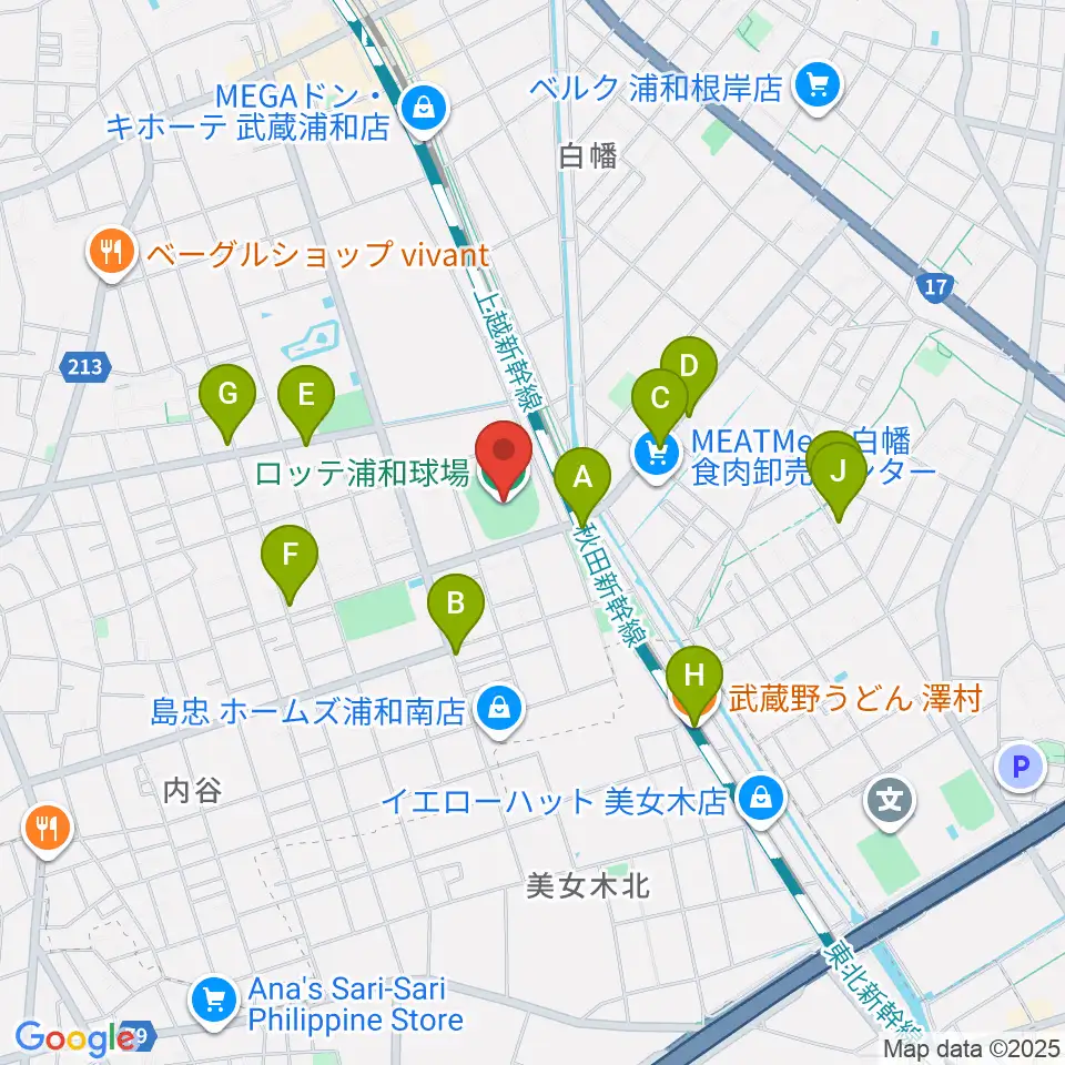 ロッテ浦和球場周辺のファミレス・ファーストフード一覧地図