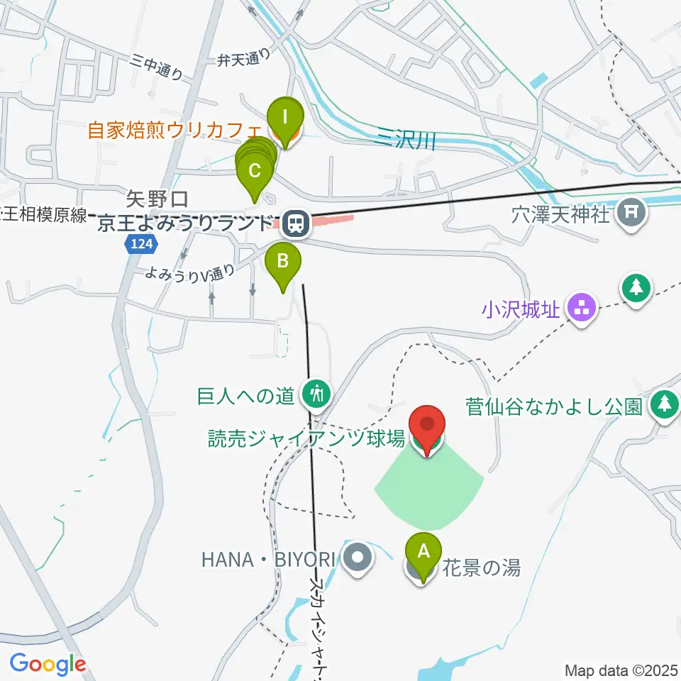読売ジャイアンツ球場周辺のファミレス・ファーストフード一覧地図