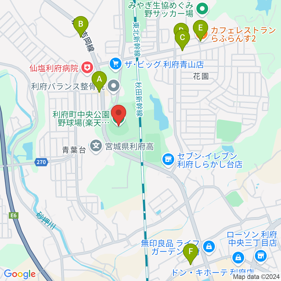 楽天イーグルス利府球場周辺のファミレス・ファーストフード一覧地図