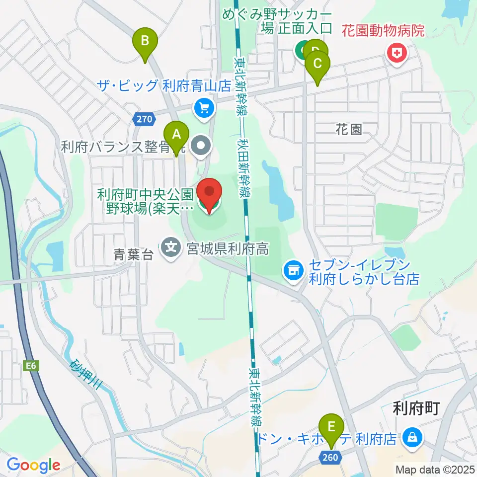 楽天イーグルス利府球場周辺のファミレス・ファーストフード一覧地図