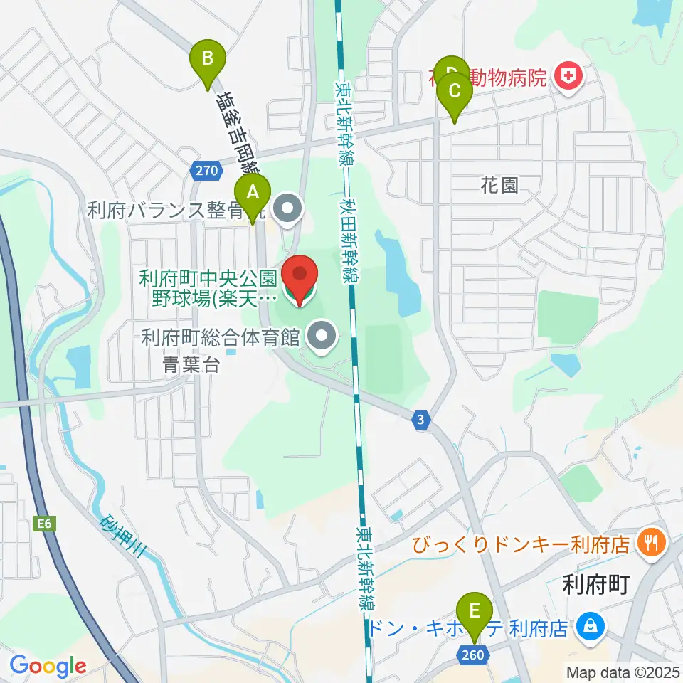 楽天イーグルス利府球場周辺のファミレス・ファーストフード一覧地図