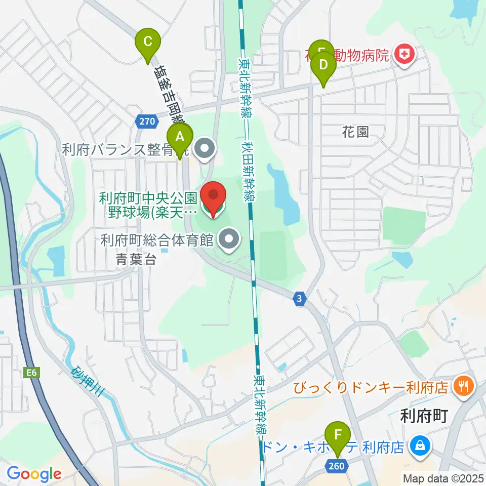 楽天イーグルス利府球場周辺のファミレス・ファーストフード一覧地図