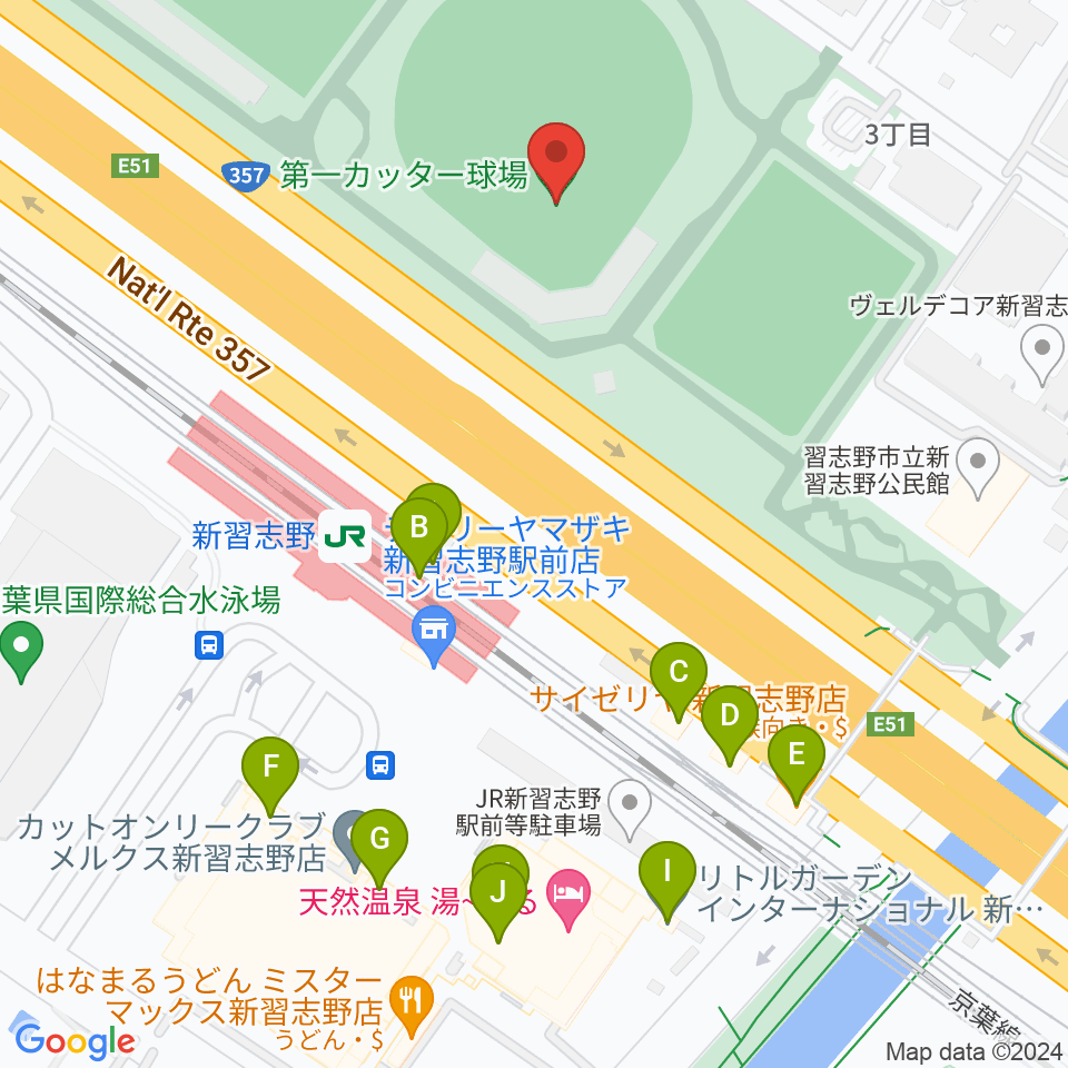 第一カッター球場周辺のファミレス・ファーストフード一覧地図