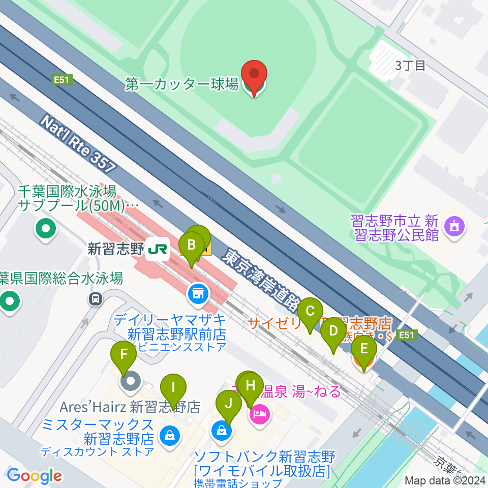 第一カッター球場周辺のファミレス・ファーストフード一覧地図