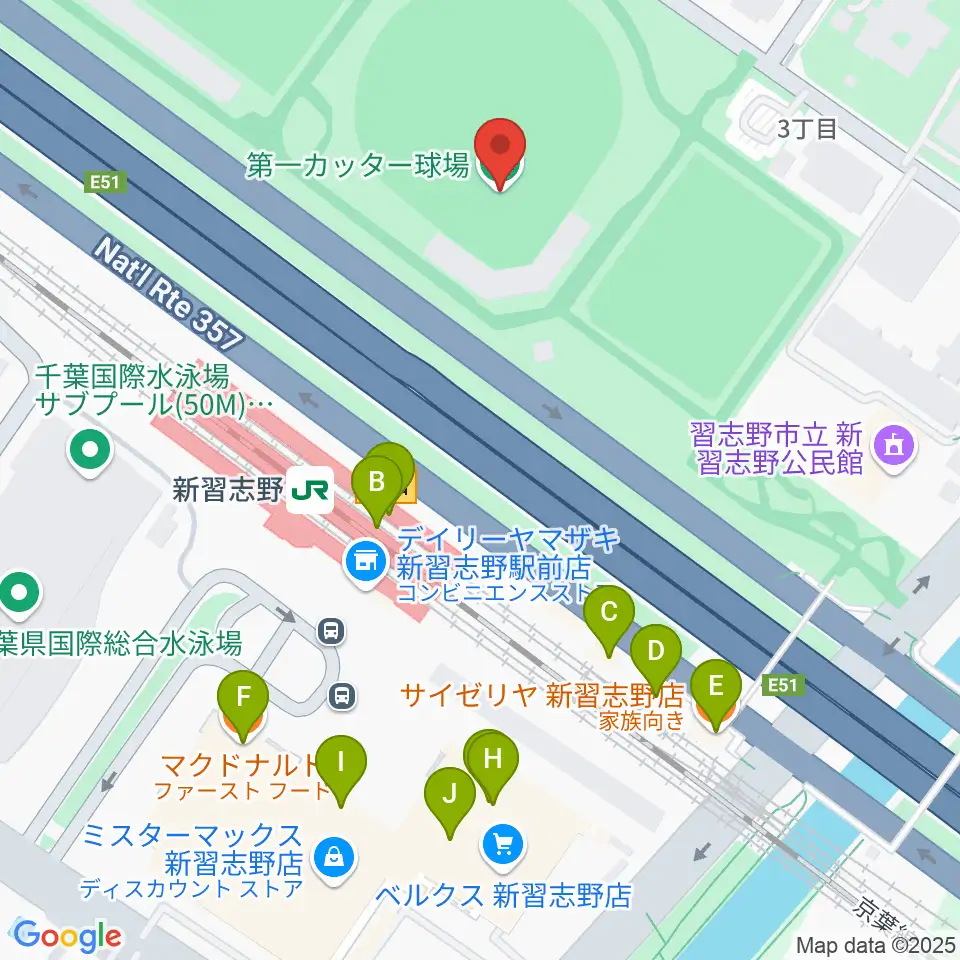 第一カッター球場周辺のファミレス・ファーストフード一覧地図
