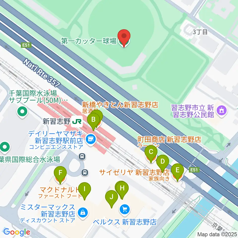 第一カッター球場周辺のファミレス・ファーストフード一覧地図