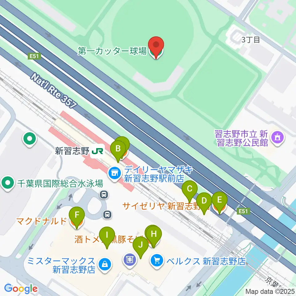 第一カッター球場周辺のファミレス・ファーストフード一覧地図