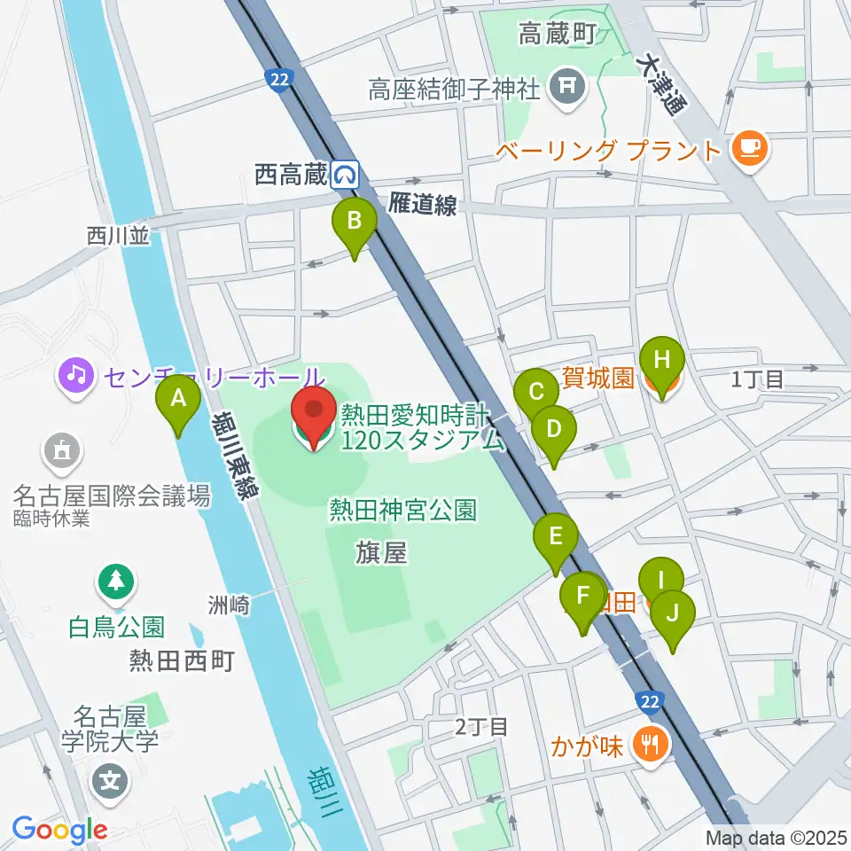 熱田愛知時計120スタジアム周辺のファミレス・ファーストフード一覧地図