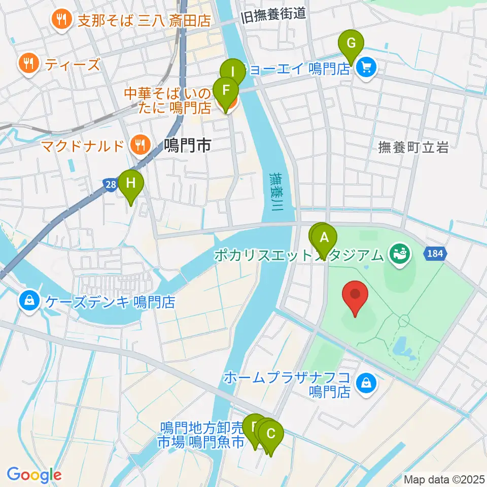 オロナミンC球場周辺のファミレス・ファーストフード一覧地図